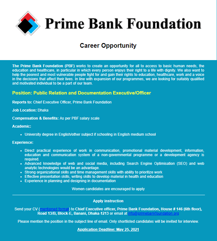 Prime Bank Foundation Job Circular