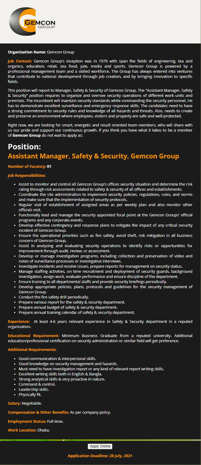 Gemcon Group New Job Circular