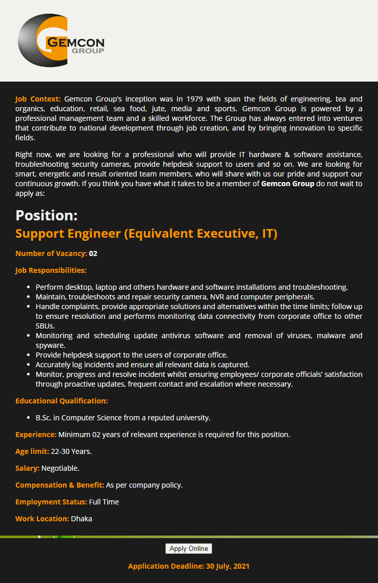 Gemcon Group New Job Circular