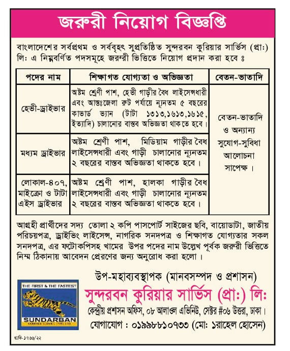 Sundarban Courier Service Job Circular