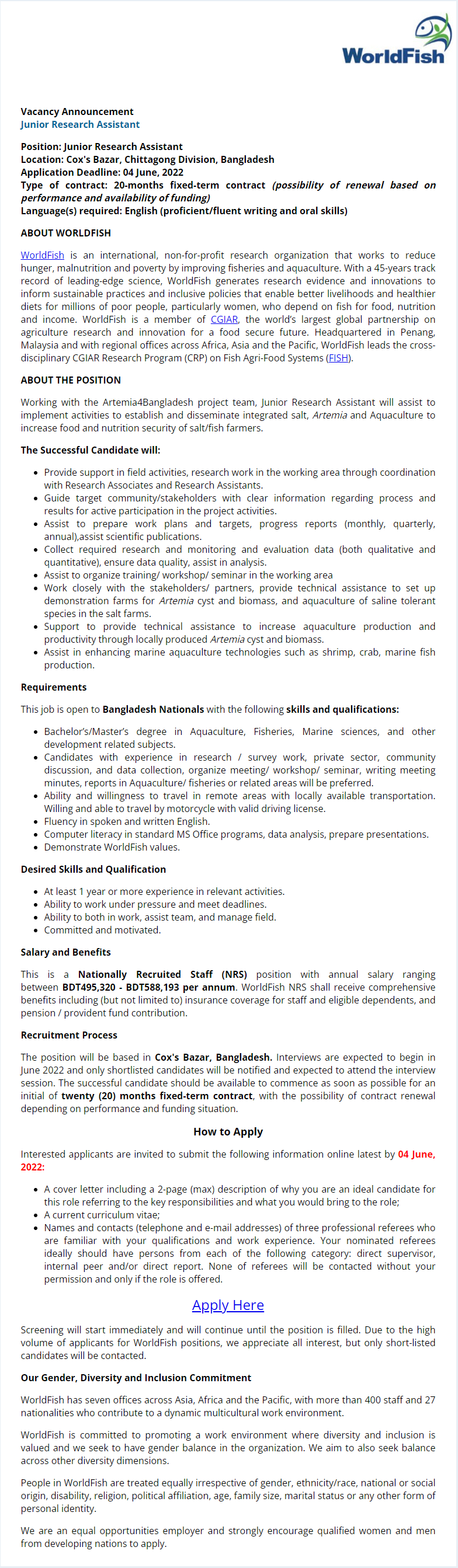 WorldFish Bangladesh Job Circular