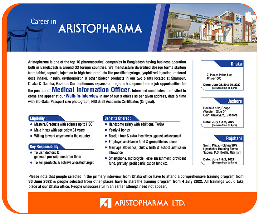 Aristopharma Ltd Job Circular