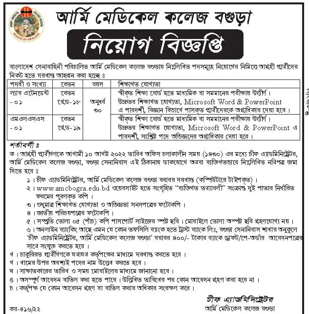 Army Medical College Job Circular